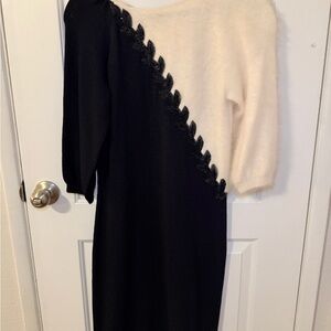 Vintage Mskips NY Angora Wool Colorblock Sweater Dress Black Ivory